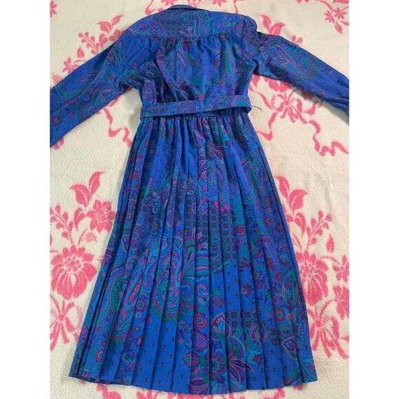 Vtg 70s - 80s Schrader long sleeve paisley belted dress SZ 10 pleated retro midi - Picture 5 of 9